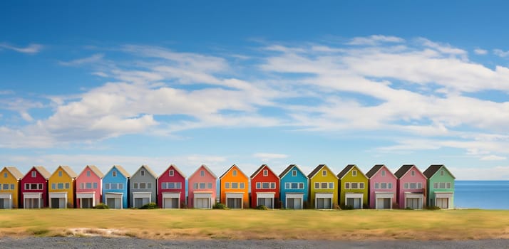 A harmonious lineup of multicolored beach townhomes on a sunny day, with people and pets enjoying the seaside