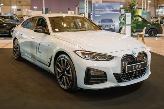 Lisbon, Portugal - May 12, 2023: BMW i4 electric car on display at ECAR SHOW - Hybrid and Electric Motor Show