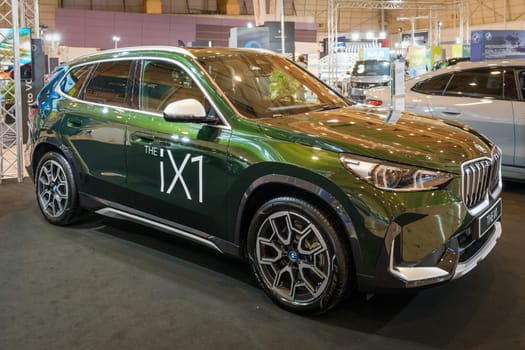 Lisbon, Portugal - May 12, 2023: BMW iX1 electric car on display at ECAR SHOW - Hybrid and Electric Motor Show
