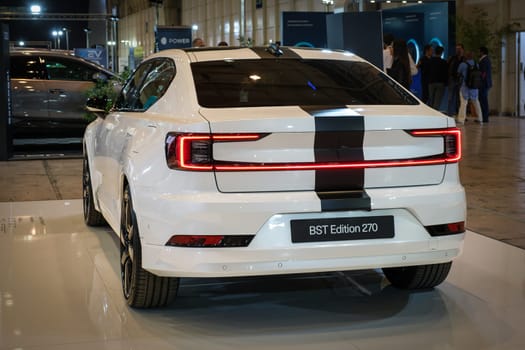 Lisbon, Portugal - May 12, 2023: Polestar 2 BST Edition 270 electric car on display at ECAR SHOW - Hybrid and Electric Motor Show