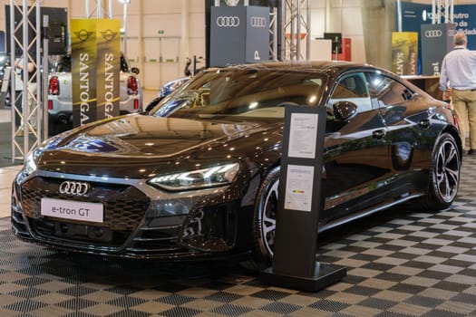 Lisbon, Portugal - May 12, 2023: Audi e-tron GT quattro electric car on display at ECAR SHOW - Hybrid and Electric Motor Show