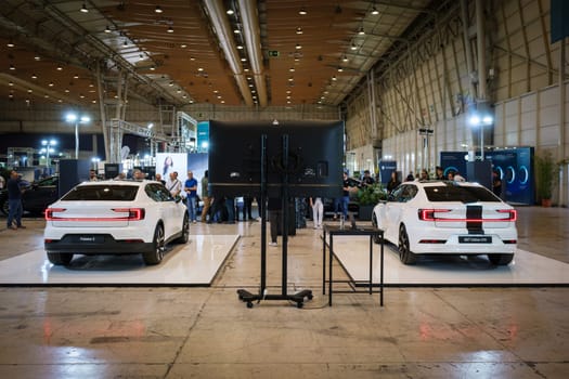 Lisbon, Portugal - May 12, 2023: Polestar 2 and Polestar 2 BST Edition 270 electric car on display at ECAR SHOW - Hybrid and Electric Motor Show