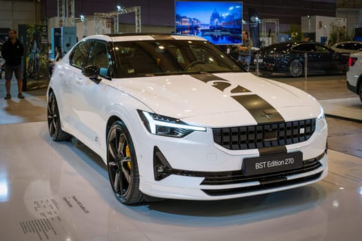 Lisbon, Portugal - May 12, 2023: Polestar 2 BST Edition 270 electric car on display at ECAR SHOW - Hybrid and Electric Motor Show