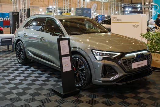 Lisbon, Portugal - May 12, 2023: Audi Q8 e-tron 55 electric car on display at ECAR SHOW - Hybrid and Electric Motor Show