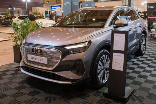 Lisbon, Portugal - May 12, 2023: Audi Q4 e-tron electric car on display at ECAR SHOW - Hybrid and Electric Motor Show