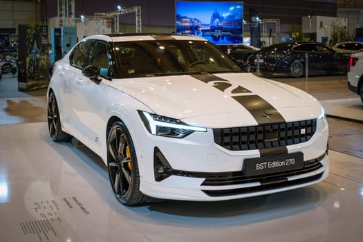 Lisbon, Portugal - May 12, 2023: Polestar 2 BST Edition 270 electric car on display at ECAR SHOW - Hybrid and Electric Motor Show
