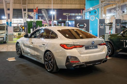 Lisbon, Portugal - May 12, 2023: BMW i4 electric car on display at ECAR SHOW - Hybrid and Electric Motor Show