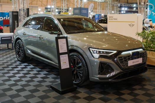 Lisbon, Portugal - May 12, 2023: Audi Q8 e-tron 55 electric car on display at ECAR SHOW - Hybrid and Electric Motor Show