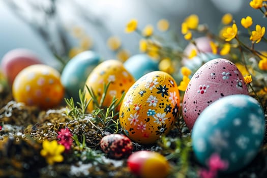 Easter background with coloured eggs. AI generative.