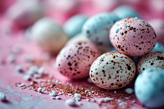 Easter background with coloured eggs. AI generative.