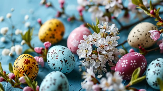 Easter background with coloured eggs. AI generative.