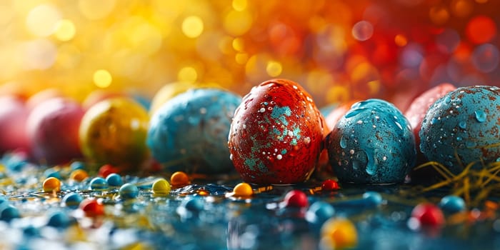 Easter background with coloured eggs. AI generative.
