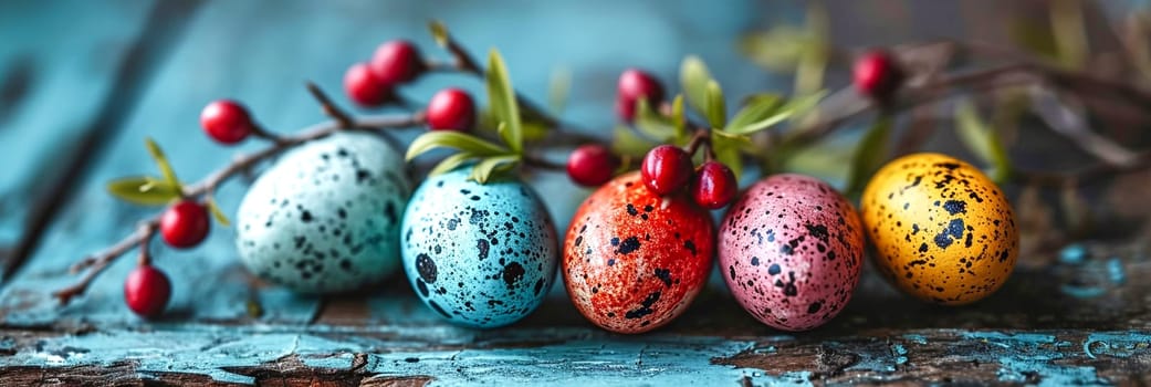 Easter background with coloured eggs. AI generative.