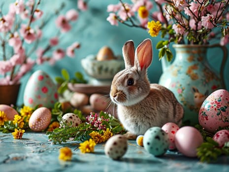 Easter background with coloured eggs. AI generative.