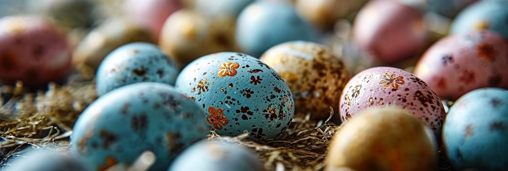 Easter background with coloured eggs. AI generative.
