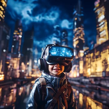 Digital illustration of a boy wearing VR glasses. The background is a blurry city with blue lights. It refers to the use of VR technology to create new experiences in learning or playing games.