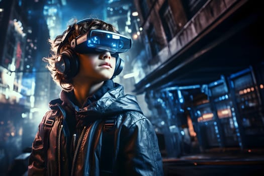 Digital illustration of a boy wearing VR glasses. The background is a blurry city with blue lights. It refers to the use of VR technology to create new experiences in learning or playing games.
