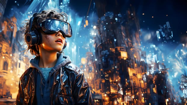 Digital illustration of a boy wearing VR glasses. The background is a blurry city with blue lights. It refers to the use of VR technology to create new experiences in learning or playing games.