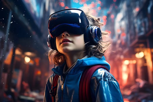 Digital illustration of a boy wearing VR glasses. The background is a blurry city with blue lights. It refers to the use of VR technology to create new experiences in learning or playing games.