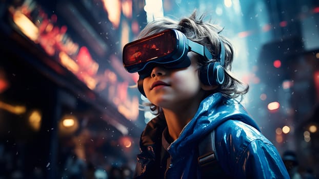 Digital illustration of a boy wearing VR glasses. The background is a blurry city with blue lights. It refers to the use of VR technology to create new experiences in learning or playing games.