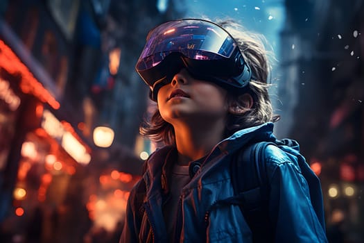 Digital illustration of a boy wearing VR glasses. The background is a blurry city with blue lights. It refers to the use of VR technology to create new experiences in learning or playing games.
