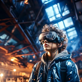 Digital illustration of a boy wearing VR glasses. The background is a blurry city with blue lights. It refers to the use of VR technology to create new experiences in learning or playing games.