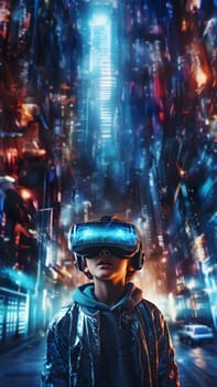 Digital illustration of a boy wearing VR glasses. The background is a blurry city with blue lights. It refers to the use of VR technology to create new experiences in learning or playing games.