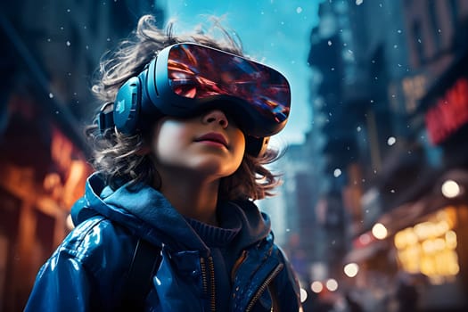Digital illustration of a boy wearing VR glasses. The background is a blurry city with blue lights. It refers to the use of VR technology to create new experiences in learning or playing games.