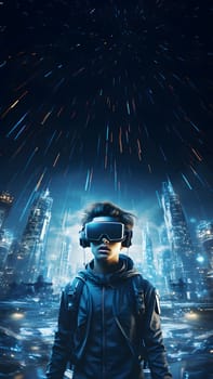 Digital illustration of a boy wearing VR glasses. The background is a blurry city with blue lights. It refers to the use of VR technology to create new experiences in learning or playing games.