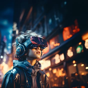 Digital illustration of a boy wearing VR glasses. The background is a blurry city with blue lights. It refers to the use of VR technology to create new experiences in learning or playing games.