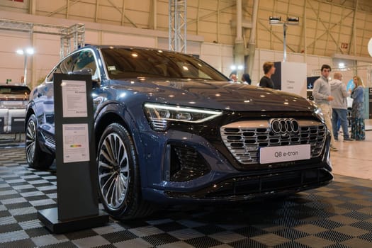 Lisbon, Portugal - May 12, 2023: Audi Q8 e-tron 50 electric car on display at ECAR SHOW - Hybrid and Electric Motor Show