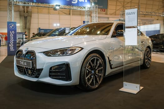Lisbon, Portugal - May 12, 2023: BMW i4 electric car on display at ECAR SHOW - Hybrid and Electric Motor Show