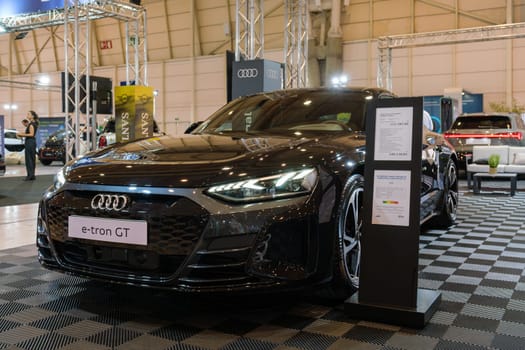 Lisbon, Portugal - May 12, 2023: Audi e-tron GT quattro electric car on display at ECAR SHOW - Hybrid and Electric Motor Show