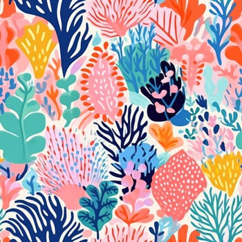 seamless colorful fun pattern of coral and leaves, ai