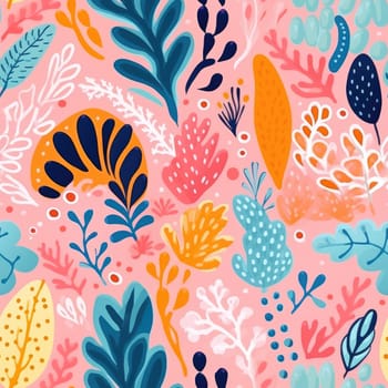 seamless colorful fun pattern of coral and leaves, ai