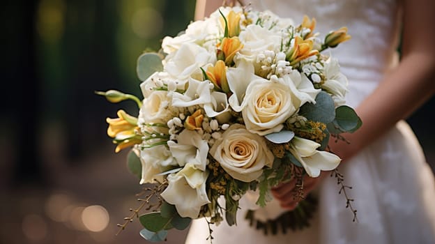 woman holding a wedding bouquet flowers, ai