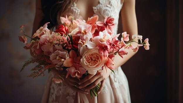woman holding a wedding bouquet flowers, ai