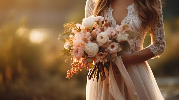 woman holding a wedding bouquet flowers, ai