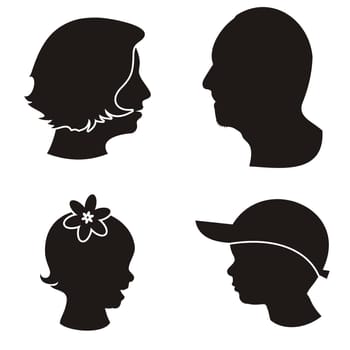 Set of black family members heads silhouettes on white background