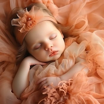A newborn baby wearing a peach headband and a tulle tutu.Close-up portrait of a child. Newborn baby lifestyle concept