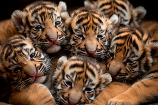 Tiger cubs sleeping together. AI generated