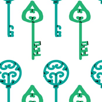 Vintage green keys in cartoon style seamless background. Vector illustration isolated. Cartoon keys - beauty decoration background.