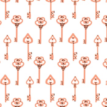 different various vintage pink keys seamless pattern or background. Vector illustration isolated. Yellow and pink colors.