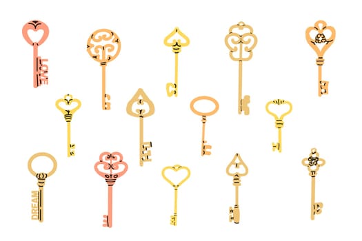 vintage keys collection in cartoon style. Vector illustration of ornate keys in victorian style and modern. Can used for decorative background. Symbol of success.