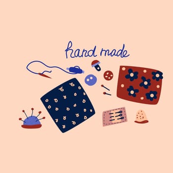 Hand drawn set of craft needlework - sewing tools. Vector illustration on peach background. hand made sewing concept with needle, yarn, thimble, pin.