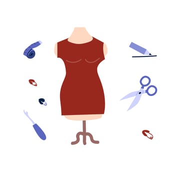 sewing tools and mannequin - sewing concept. Vector illustration on white background. Can used for atelier, textile background.