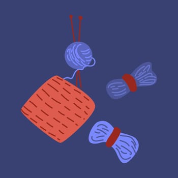 knitting set objects of woolen yarn. Vector illustration on blue background.