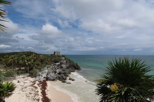Picturesque view onto Maya Ruins of Tulum, Playa Ruinas, El Castillo, Mexico 2022