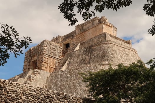 View from the side on the top of the Pyramid of the Magician, Piramide del Advino in Uxmal, close to Merida, Mexico 2022