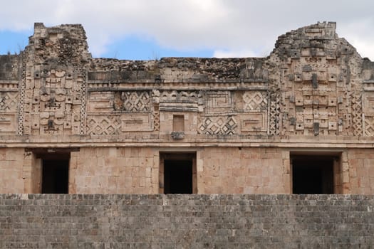 Facade of one of the buildings at the Cuadrangulo de las Monjas, Quadrangle of the Nuns, Uxmal, Merida, Mexico 2022